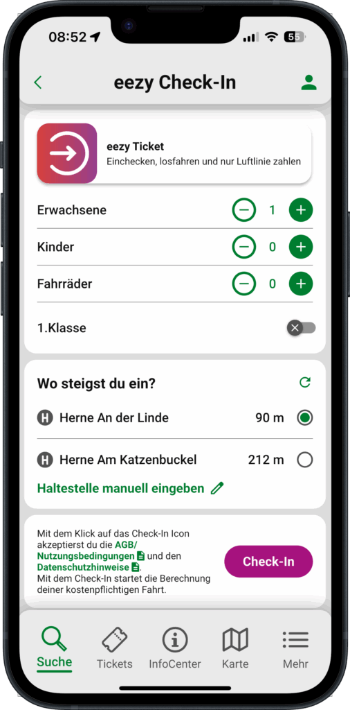 Screenshot der HCR-App mit eezy.nrw-Check-In