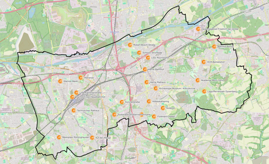 Karte vom Herner Stadtgebiet mit allen metropolrad-Stationen
