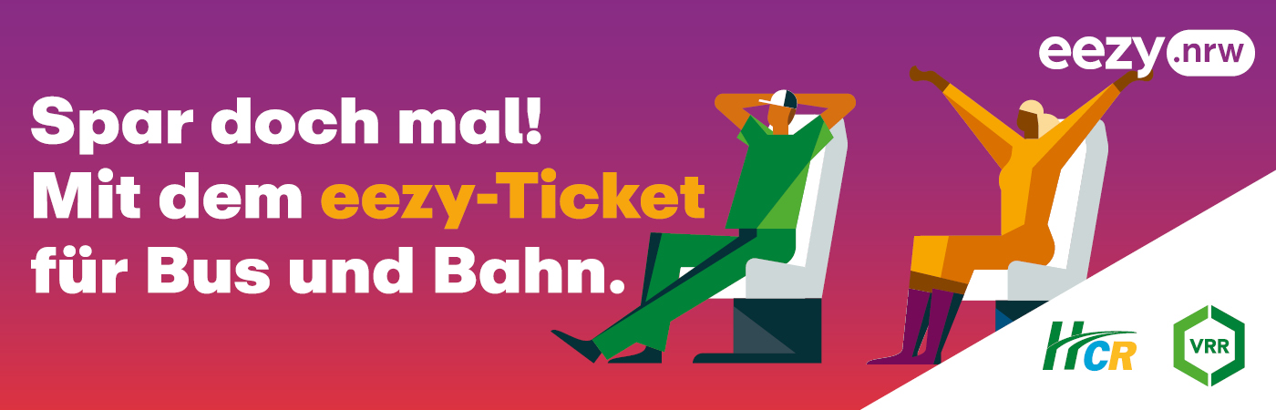 Kampagnenmotiv eezy.nrw mit der Aufschrift: Spar doch mal! Mit dem eezy-Ticket für Bus und Bahn.