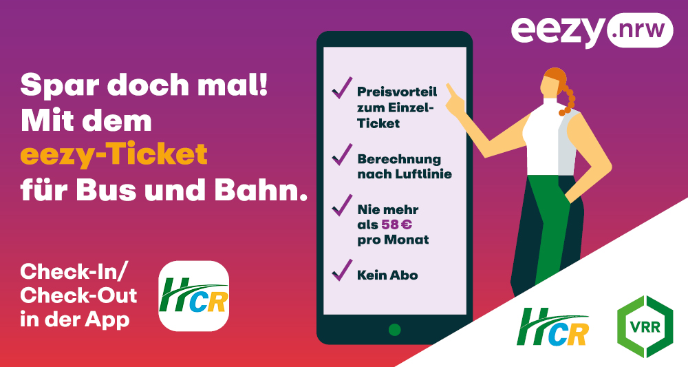 Kampagnenmotiv eezy.nrw. Aufgelistet sind die Vorteile Preisvorteil zum EinzelTicket, Berechnung nach Luftlinie, Nie mehr als 58 € pro Monat und Kein Abo